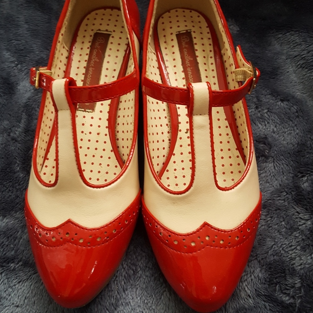 B.A.I.T Red T strap vintage style pin up low heels